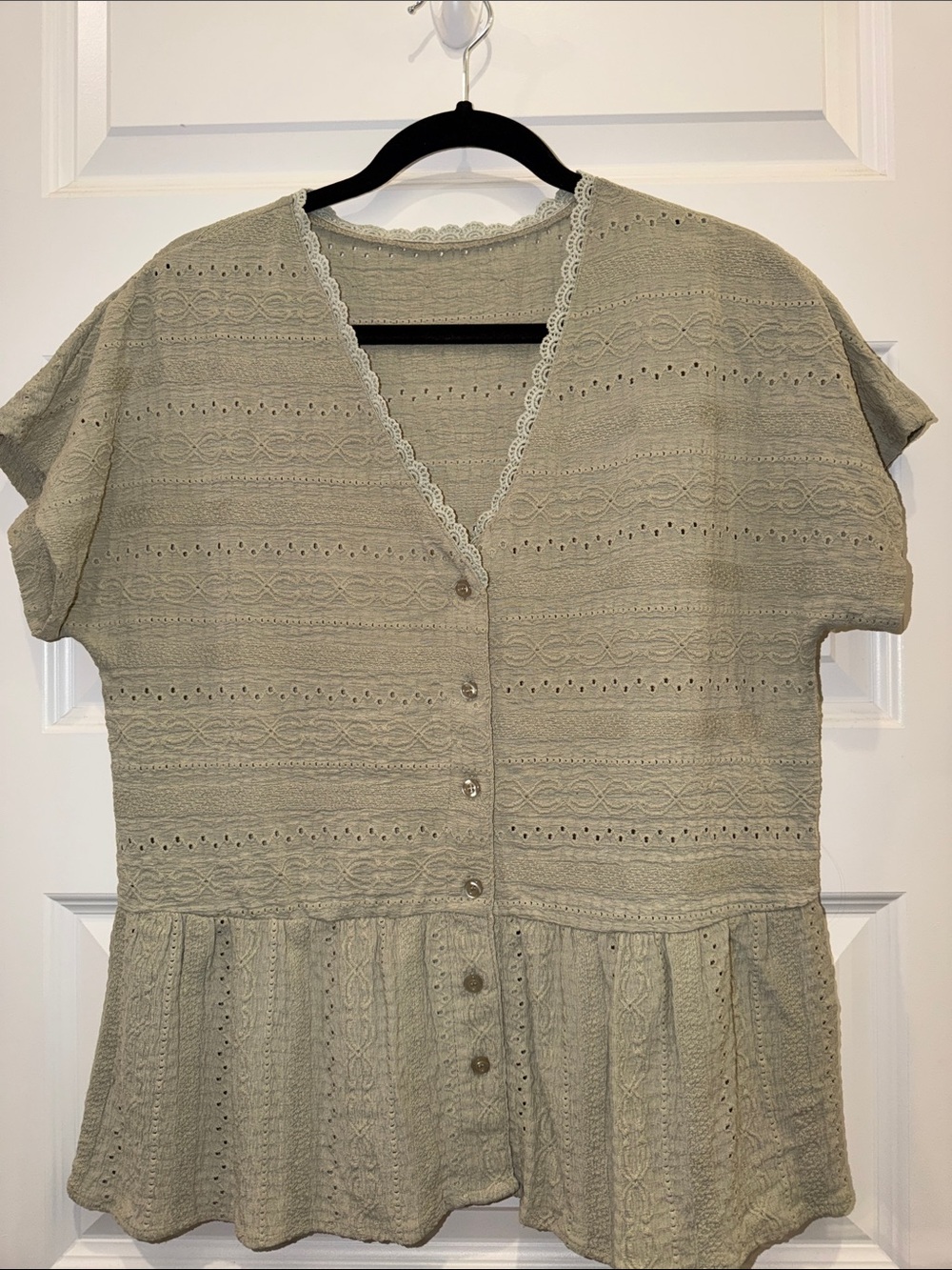 Sage Green Eyelet Button-Front Peplum Blouse